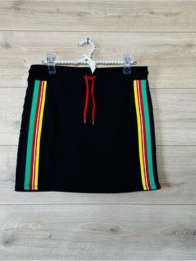 Zara Black Mini Skirt with Red Drawstring and Multicolor Side Stripes